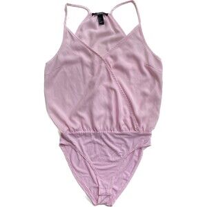 Forever 21 pink bodysuit cross over snap v-neck racerback chiffon small